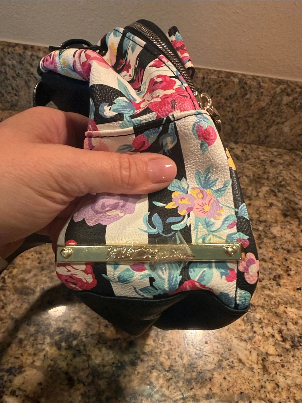 Betsey Johnson Black & White Striped Mini Backpack with Pink Floral Print